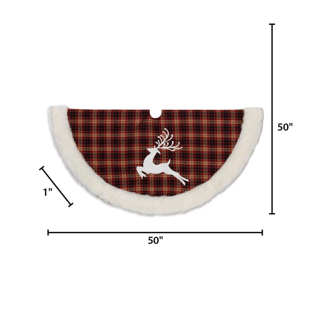 Red and White Faux Fur Plaid Tree Skirt with Reindeer Applique