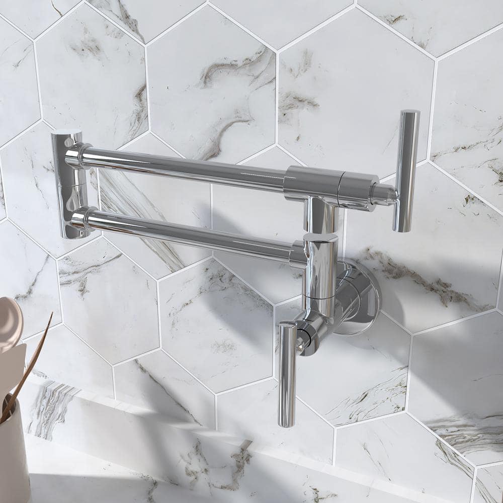 Polished Chrome Wall-Mounted Pot Filler Faucet with Double Joint Swing Arm