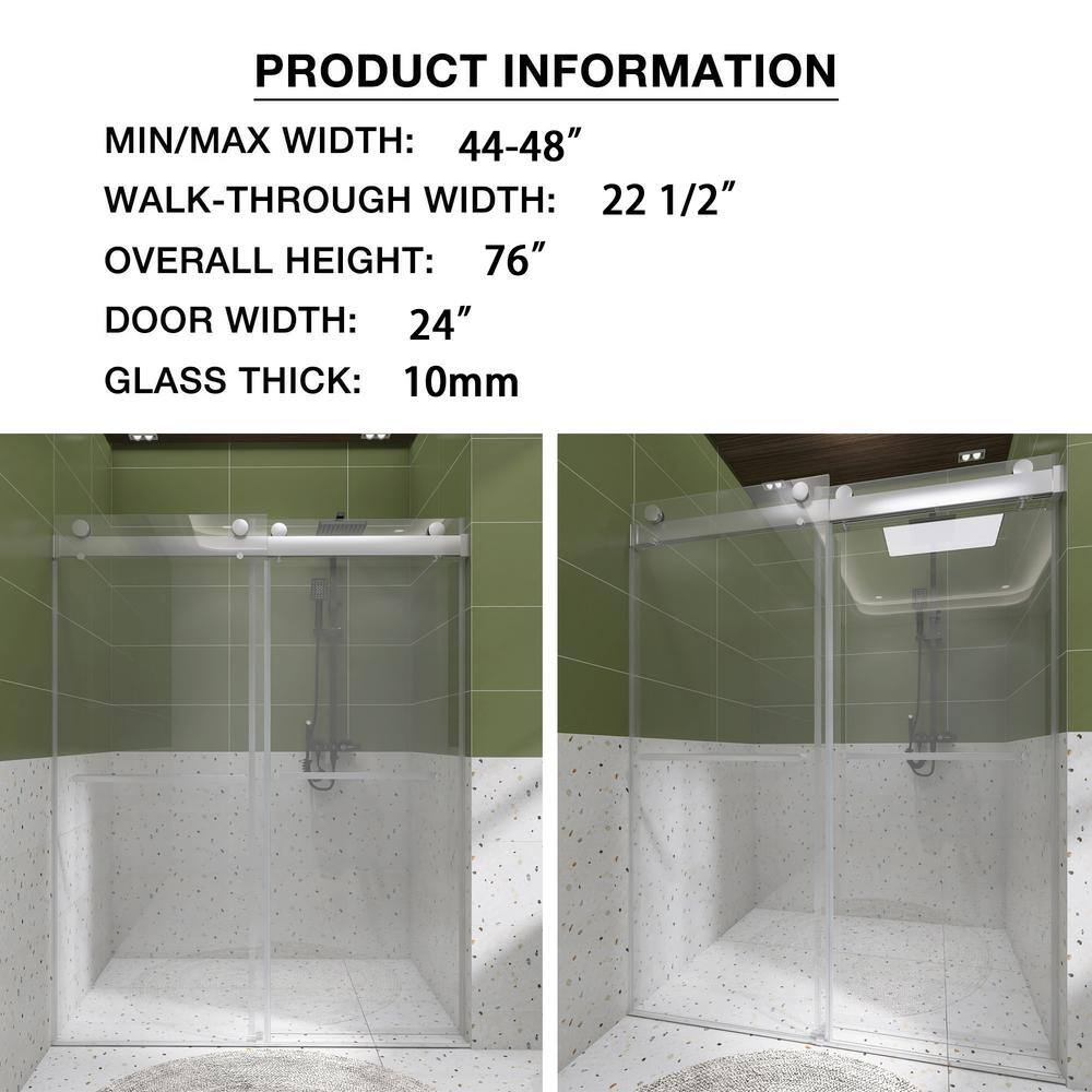 48" W x 76" H Frameless Chrome Sliding Shower Door with Clear Glass