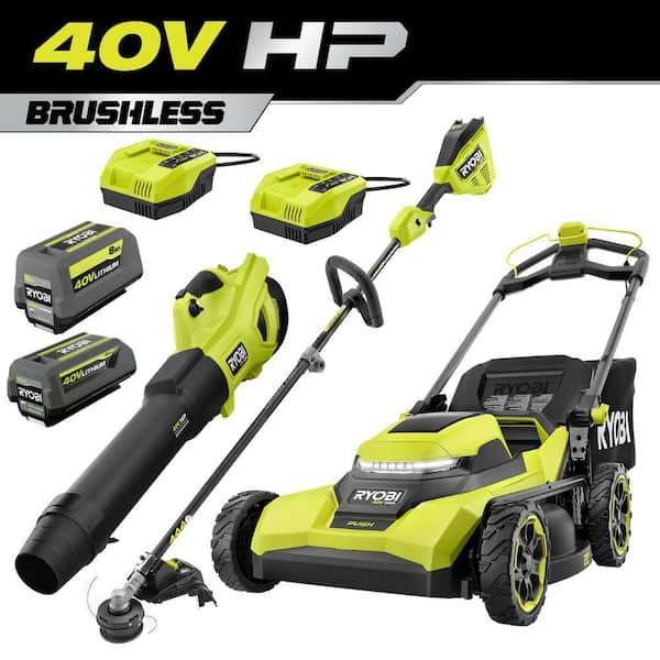 40V HP Brushless 21 in. Cordless Battery Walk Behind Push Lawn Mower, Leaf Blower & Trimmer w/ 8.0 Ah Battery & Charger