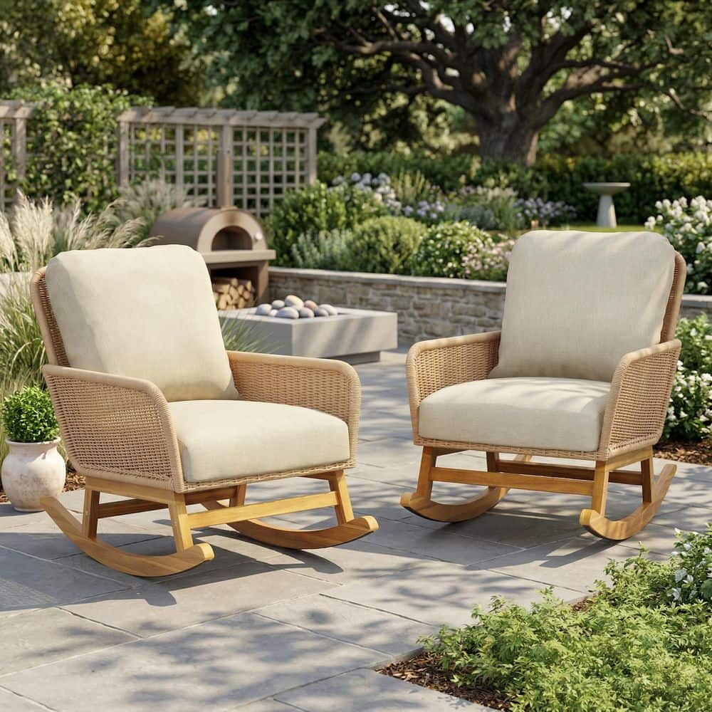 2-Piece Wood Wicker Outdoor Rocking Chairs Patio Lounge Chairs with Soft Beige Cushions for Balcony, Living Room, Porch price history on PriceWatchPro