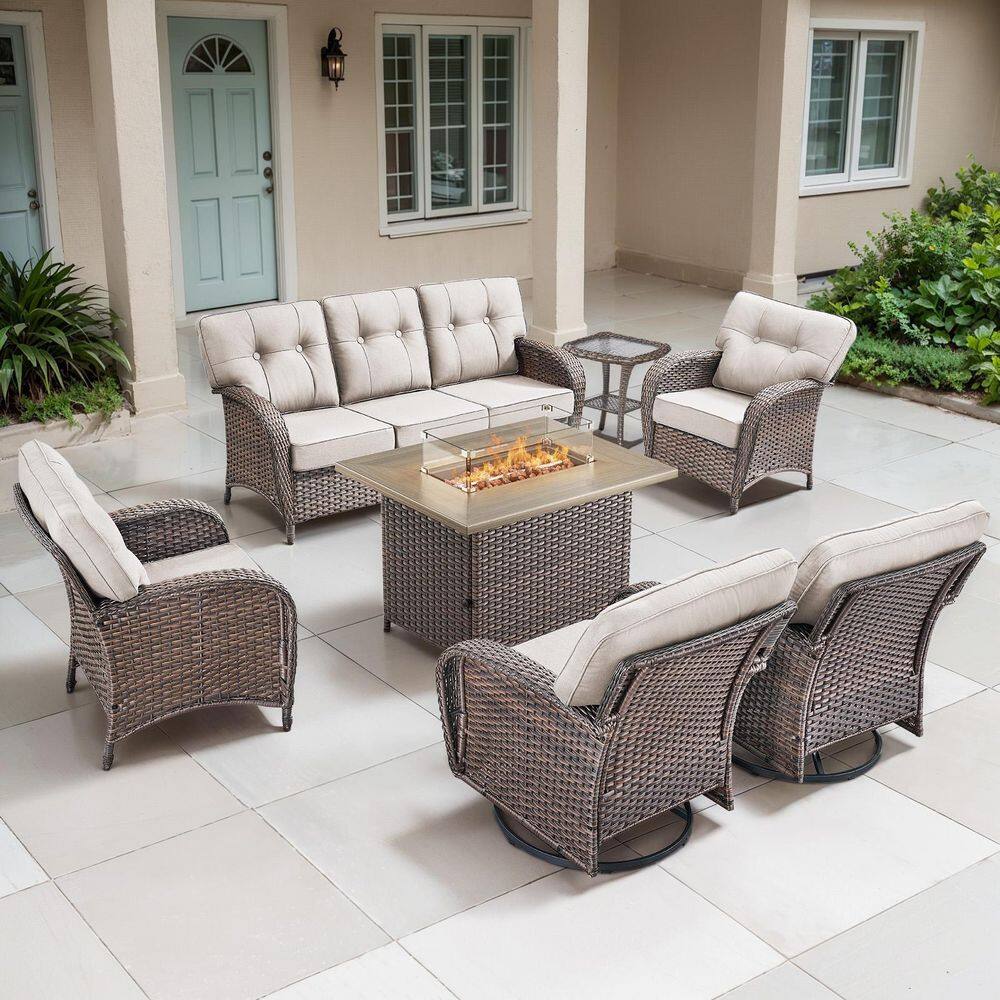 TWrap Brown 7-Piece Wicker Outdoor Patio Fire Pit Deep Seating Set with Beige Cushions price history on PriceWatchPro