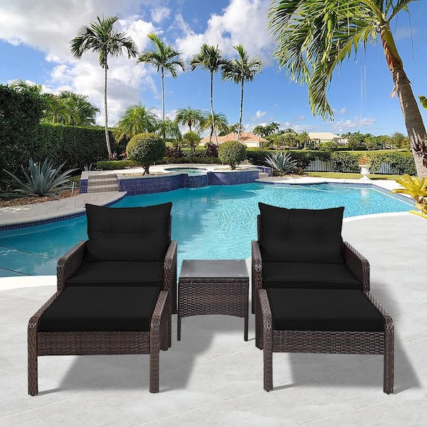 ANGELES HOME 5-Piece Wicker PE Rattan Patio Conversation Set with Black Cushions