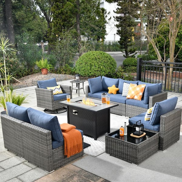 Toject Sanibel Gray 10-Piece Wicker Patio Conversation Sofa Set with a Swivel Chair, a Metal Fire Pit and Denim Blue Cushions