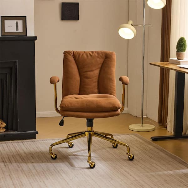 Frosted Leather Fabric Swivel Adiustable Height Task Chair in Brown with Golden Arm