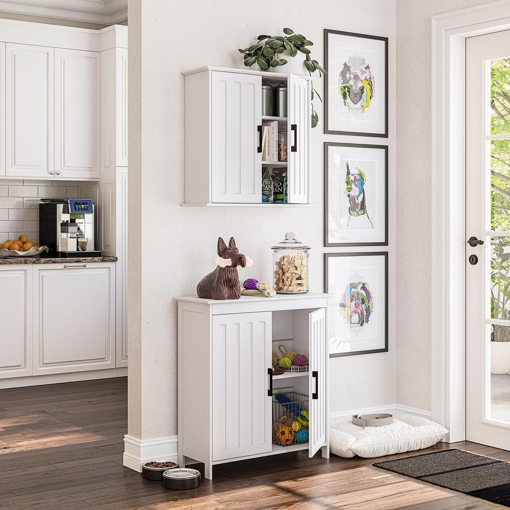White MDF Storage Cabinet with Adjustable Shelves and Black Handles