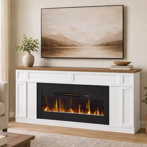 Modern 70 in. Freestanding Wood Electric Fireplace TV Stand with Tall Storage Cabinets in White&Walnut