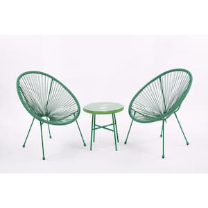 3-Piece Green Wicker Patio Conversation Set with Side Table, Acapulco Chair Set, Rope Furniture for Garden, Poolside