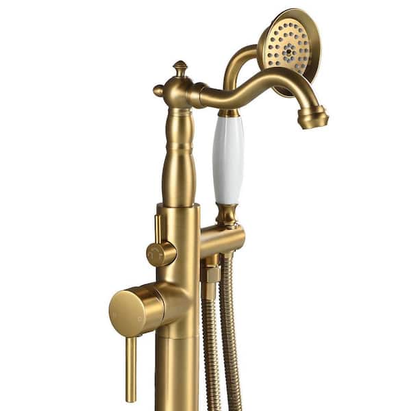 Single-Handle Floor-Mount Roman Tub Faucet with Hand Shower in Brushed Gold
