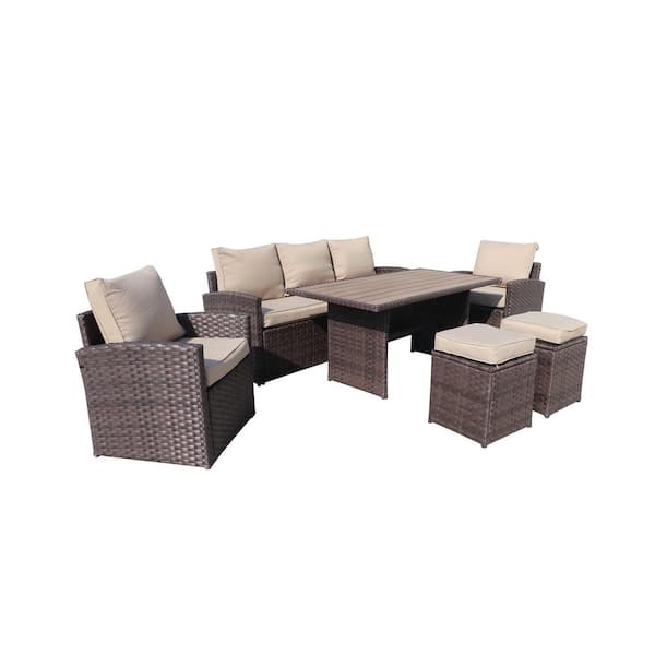 URTR 6-Piece Outdoor PE Wicker Patio Conversation Set with Table, Arm Chairs and Ottoman for Garden Yard, Brown Cushion