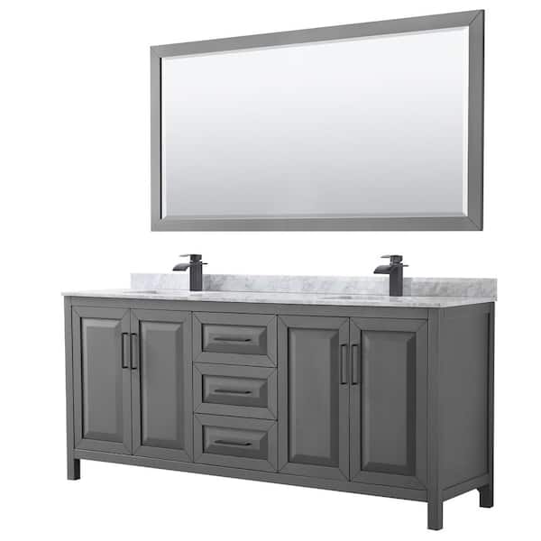 Wyndham Collection Daria 80 in. W x 22 in. D x 35.75 in. H Double Bath Vanity in Dark Gray with White Carrara Marble Top and 70 in. Mirror