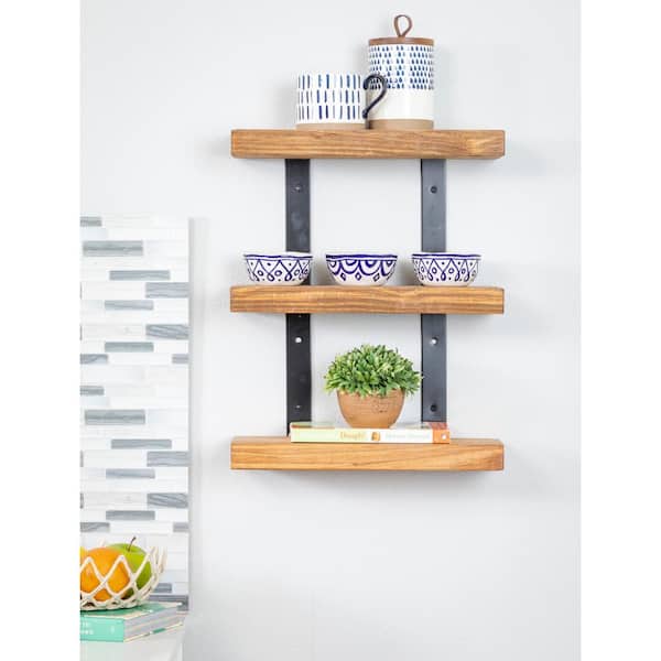 Del Hutson Designs Industrial Grace 5.5 in. x 16 in. x 20 in. Walnut Pine Wood 3-TIer Decorative Wall Shelf with Brackets