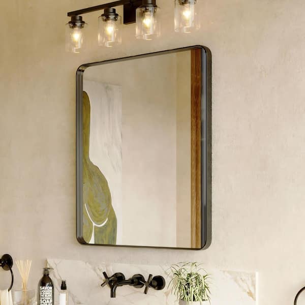 36 in. W x 30 in. H Rectangular Aluminum Framed Modern Black Rounded Wall Mirror
