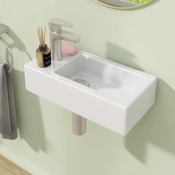 14.56 in. Ceramic Wall-Mounted Rectangular Bathroom Sink Left Hand with Single Faucet Hole in White Floating Vessel Sink