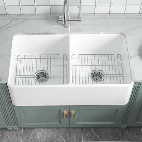 33 in. Double Bowl Kitchen Sink White Fireclay Farmhouse Sink Apron Front Fireclay Sink Reversible with Grid Sink Drain