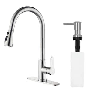 Single Handle Pull Down Sprayer Kitchen Faucet with Soap Dispenser in Brushed Nickel