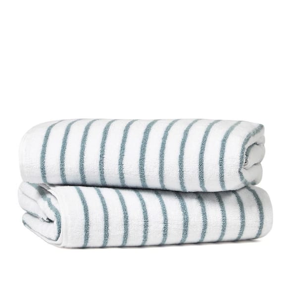 2-Piece 100% Cotton Light Blue Striped Cabana Beach Towel Set