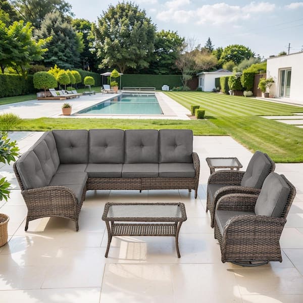 Brown 5-Piece Wicker Patio Conversation Sectional Seating Set with Gray Cushions and Swivel Rockers