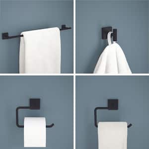 Nash 4-Piece Bath Hardware Set 18 in. Towel Bar with Extender Toilet Paper Holder Towel Holder Towel Hook in Matte Black