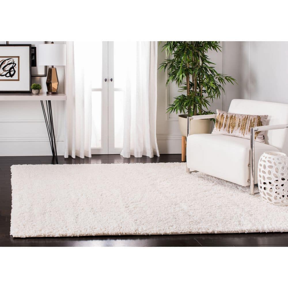 Ivory High Pile Shag Synthetic Area Rug, 9' x 12'