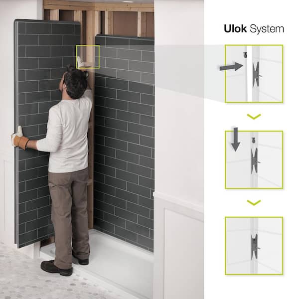 Utile 32 in. x 60 in. x 81 in. Bath and Shower Combo in Marble Carrara with New Town Left Drain, Halo Door Dark Bronze