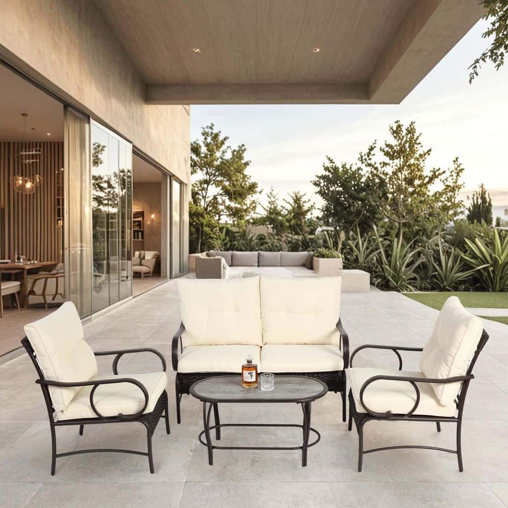 4-Piece Wicker Patio Conversation Set Outdoor Sofa Patio Furniture Set with