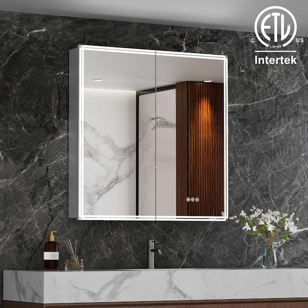 32 in. W x 32 in. H Rectangular Aluminum Medicine Cabinet with Mirror, Dimmable Light, Anti-Fog, Adjustable Shelves