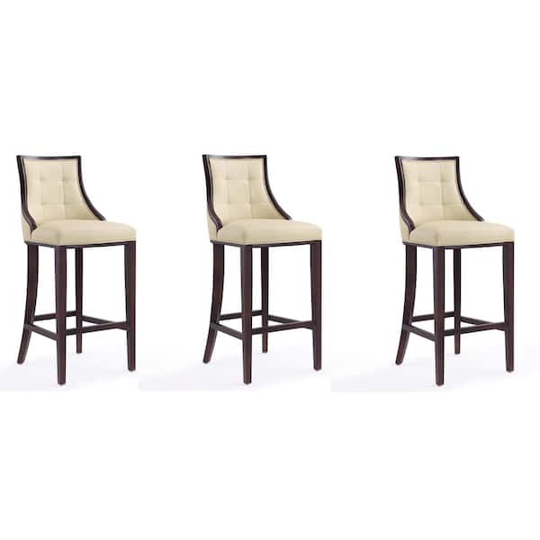 Manhattan Comfort Fifth Avenue 31.5 in. Cream and Walnut Beech Wood Bar Stool with Faux Leather Upholstered Seat (Set of 3)