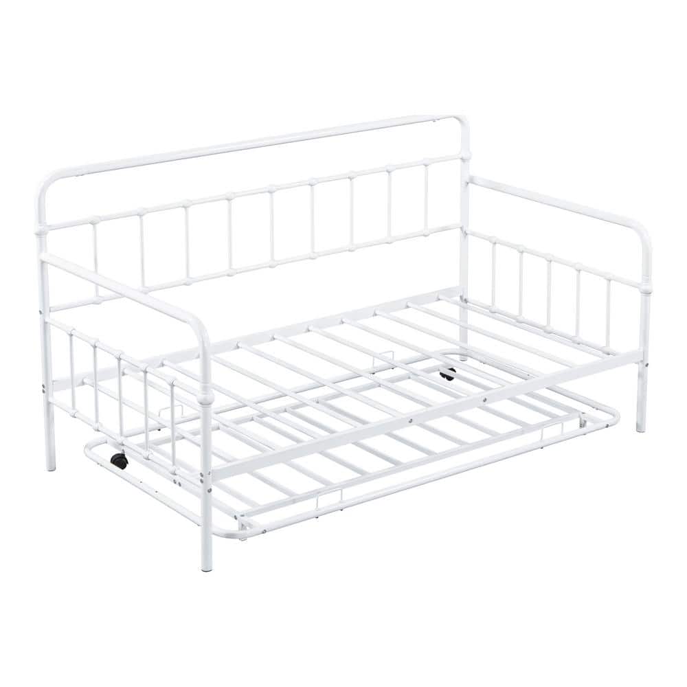 White Metal Twin Daybed with Trundle and Drawer