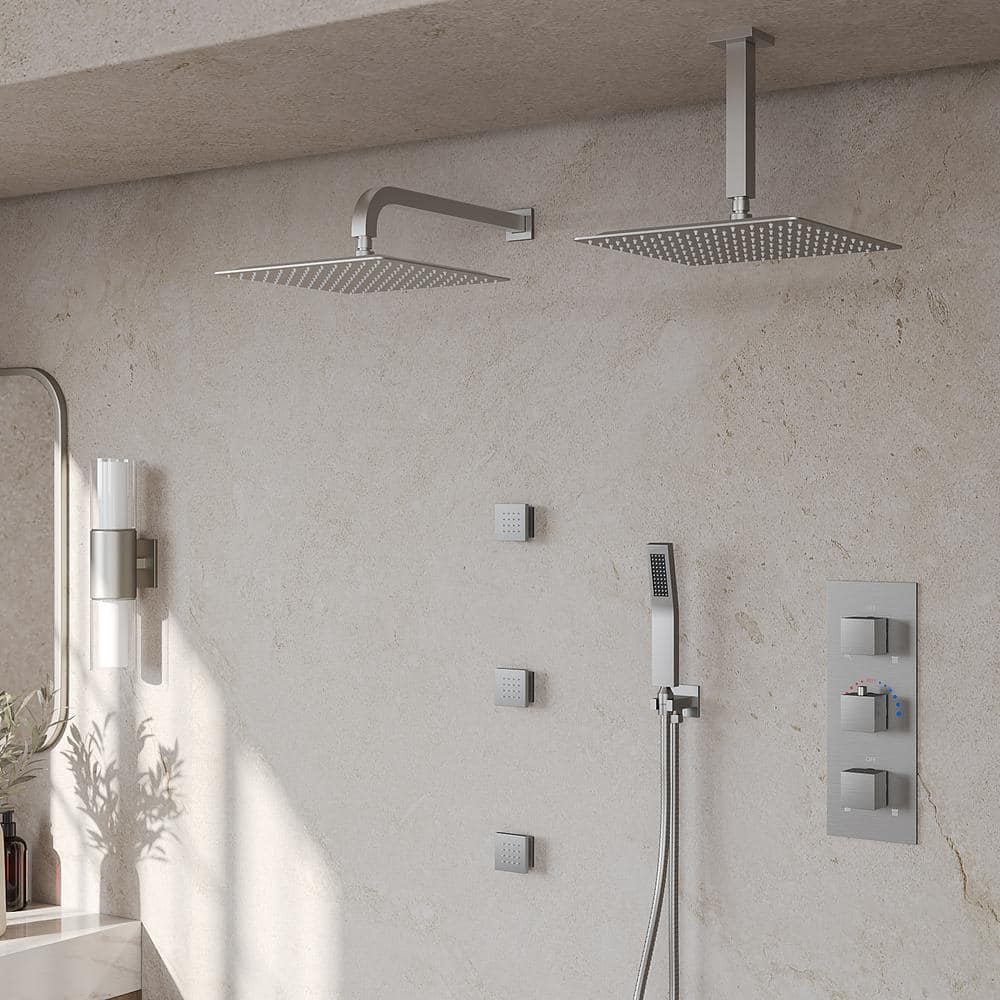 GRANDJOY ZenithRain Shower System 8-Spray 12 and 12 in. Dual Ceiling Mount Fixed and Handheld Shower Head 2.5 GPM in Brushed Gold