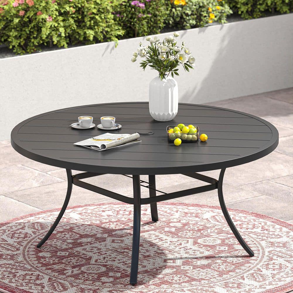 Black 53 in. Metal Round Outdoor Dining Table for 8, Patio Table with Adjustable Umbrella Hole for Deck Lawn Garden price history on PriceWatchPro