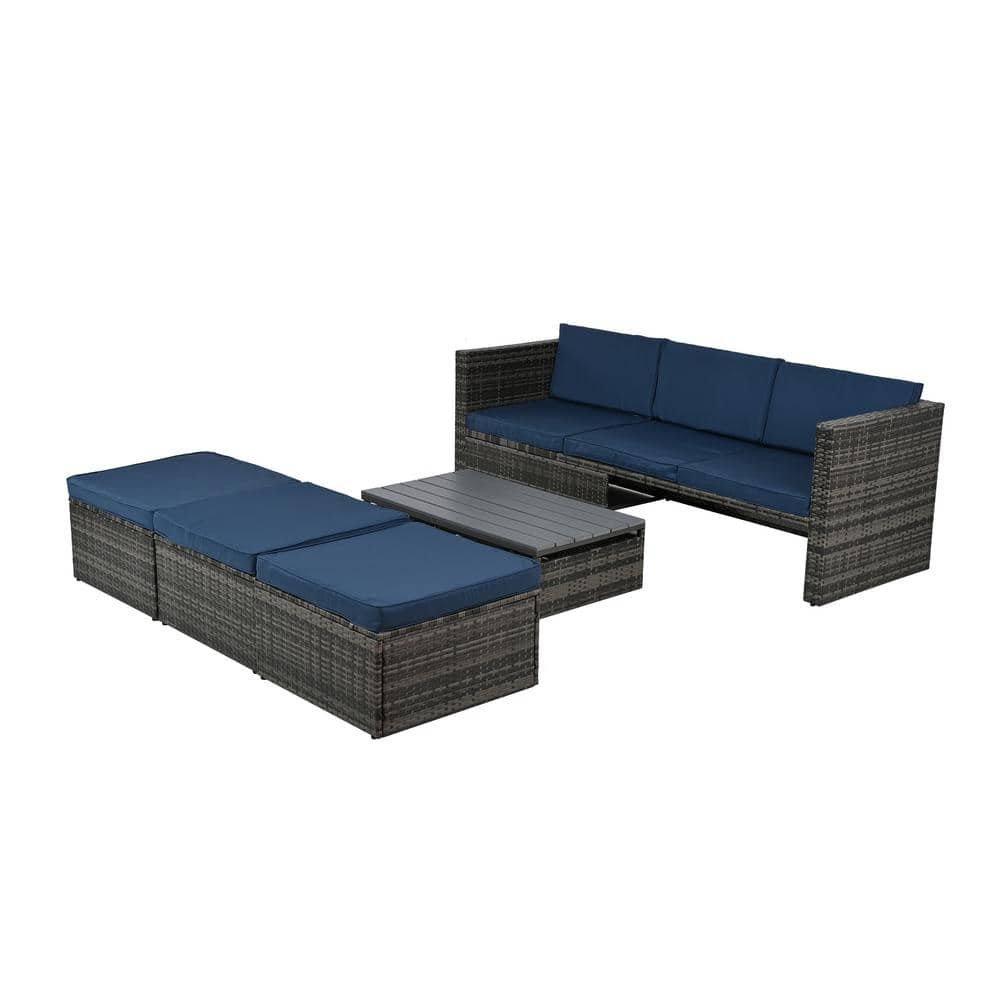 5-Piece Grey Wicker Outdoor Sectional Sofa Set Conversation Set with Dark B