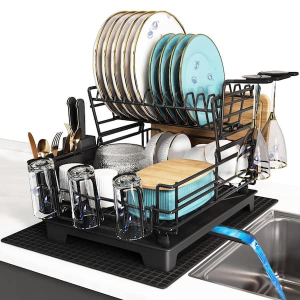 Black 2-Tier Stainless Steel Dish Rack with Drainboard, Rust-Proof Metal, Space-Saving Design for Compact Kitchens