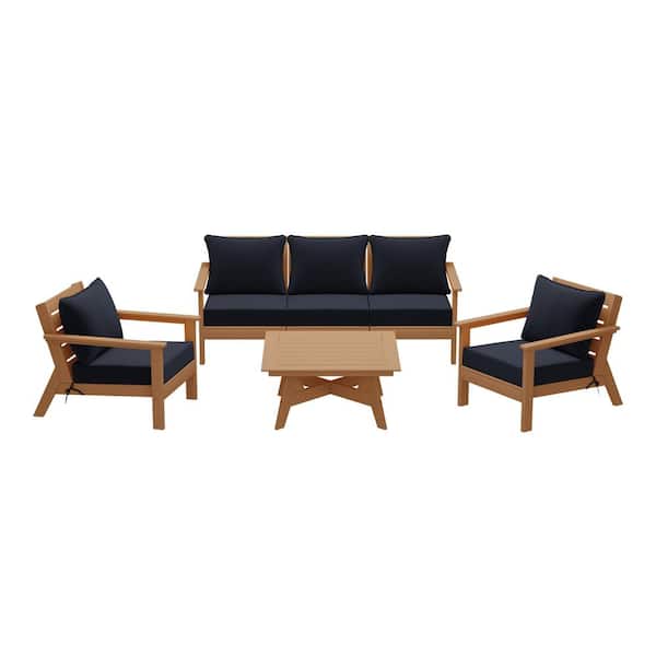 WESTIN OUTDOOR Birchwood Teak Arrangeable 6-Piece Outdoor Patio HDPE Deep Seating Conversation Sofa Set with Navy Blue Cushions