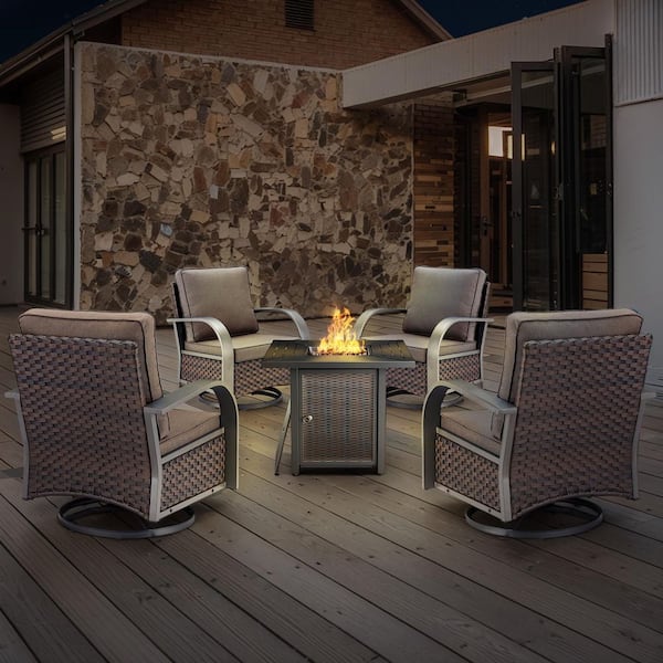 5-Piece Wicker Patio Conversation Set Rocking Swivel Chair Glide with Patio Fire Pit Table and Gray Cushions
