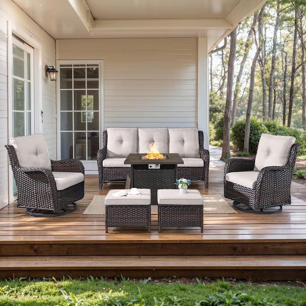 moosprr 6-Piece Brown Wicker Fire Pit Conversation Set with Olefin Beige Cushions and Curved Arm Swivel Glider Rocking Chairs