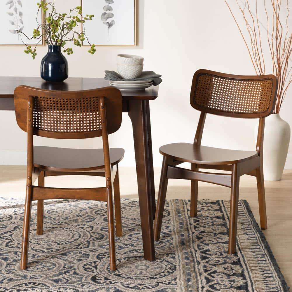 Walnut Brown Low Rattan and Cane Side Chair