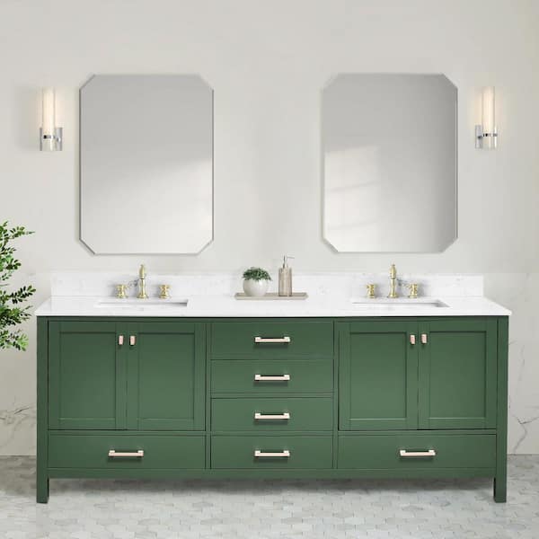 Bath Mist 84 in. W. Double Sink Freestanding Bath Vanity in Green with White Engineered Top
