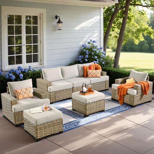 Merritt 7-Piece Wicker Modern Outdoor Patio Conversation Sofa Seating Furniture Set with Light Grey Cushions