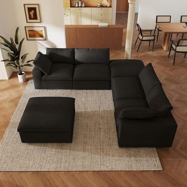 118 in. Modular Black Linen Down Filled Queen Size 4-Seat Sleeper Sofa Bed with 2 Storage Ottomans, Removable Covers