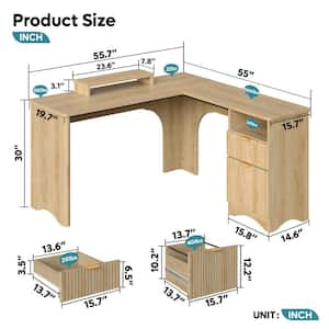 55 in. Log 2-Drawers L Shaped Computer Desk with Open Storage and Monitor Stand