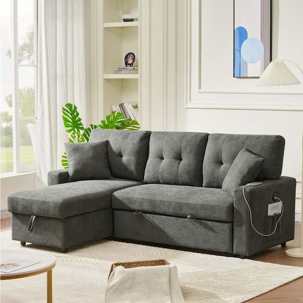 Unbranded 81.5 in. Straight Arm Velvet L-Shaped Sofa Reversible Sofa Bed Sofa Couch Sleeper with USB Port and Storage in Dark Gray