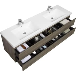 72 in. W Double Sink Floating Bath Vanity in Ash Grey with Two White Resin Top Basin