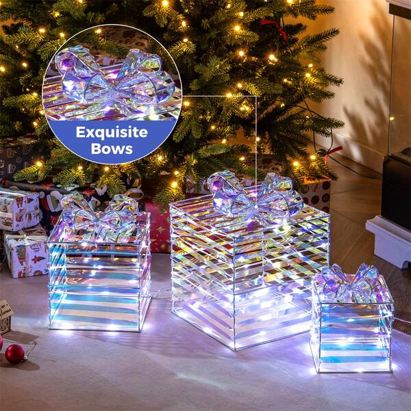 Hatisan 3-Pack LED Lighted Gift Boxes - 150 Blue Lights Christmas Decor For Indoor/Outdoor