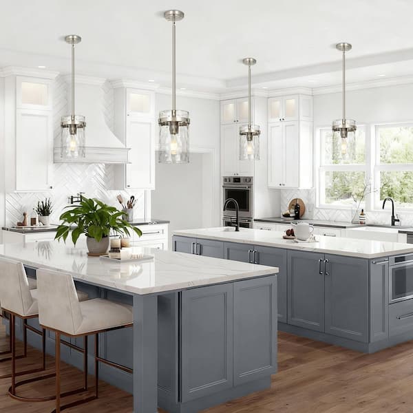 Jasslynn 2-Pack 60-Watt Brushed Nickel Modern Adjustable Pendant Light with Cylinder Glass Shade for Kitchen Island