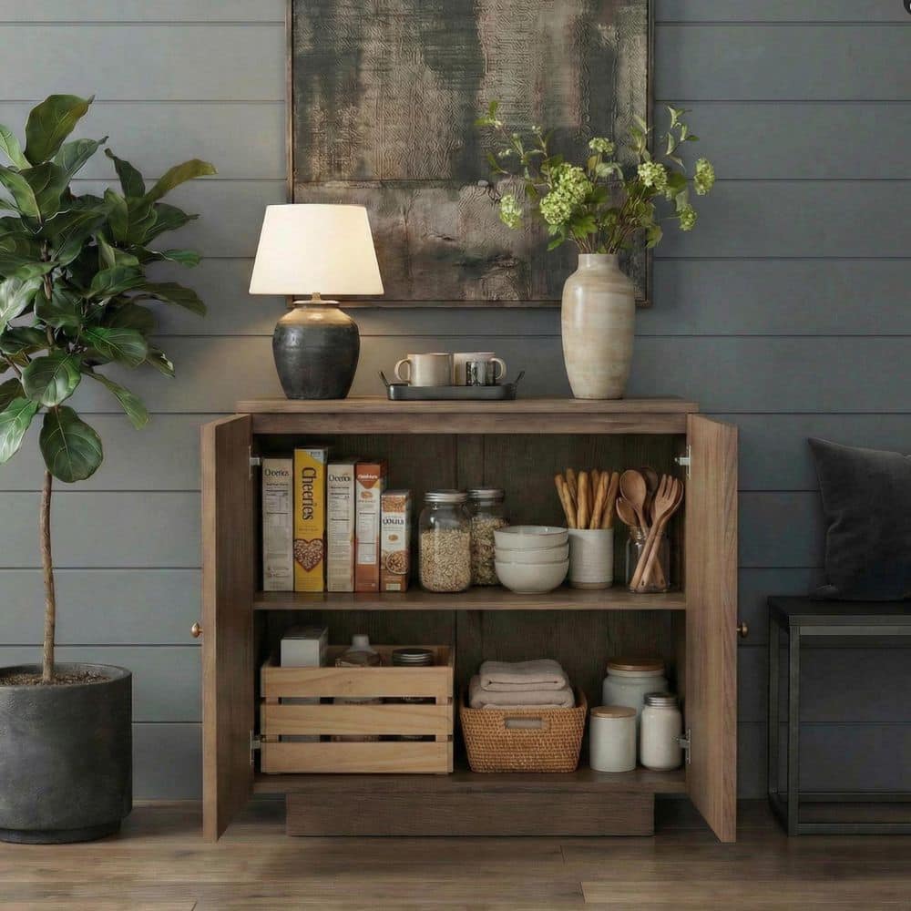 Dark Brown Oak 30.3 in. Accent Cabinet Storage Cabinet with 2 Shelves, Arched Doors, Gold Trim for Living Room Entryway price history on PriceWatchPro