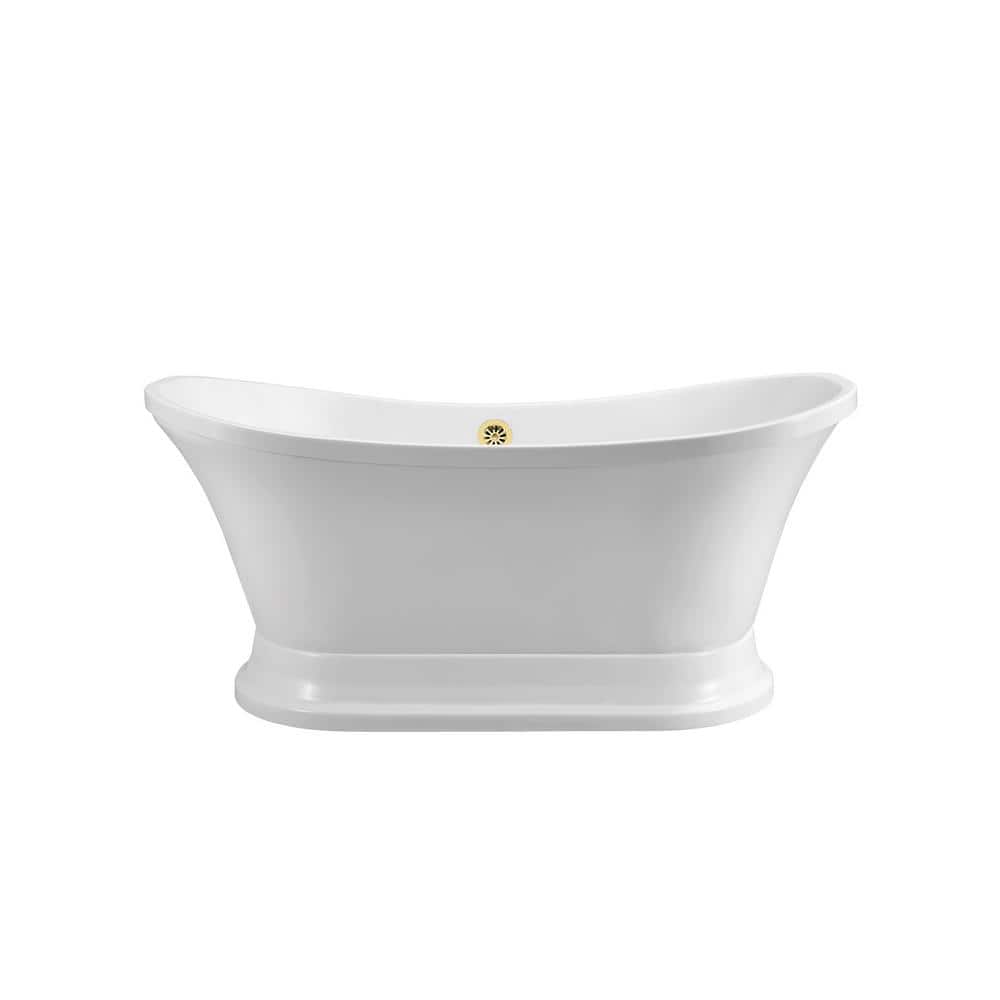 60" Glossy White Freestanding Acrylic Bathtub with Polished Gold Drain
