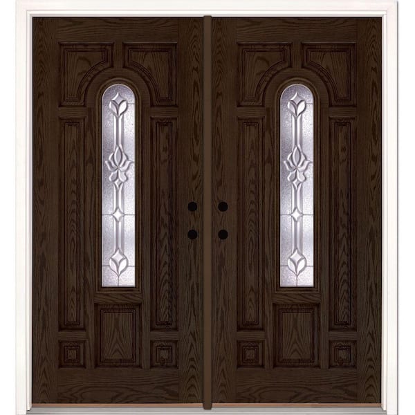 74 in. x 81.625 in. Medina Zinc Center Arch Lite Stained Walnut Oak Right-Hand Fiberglass Double Prehung Front Door