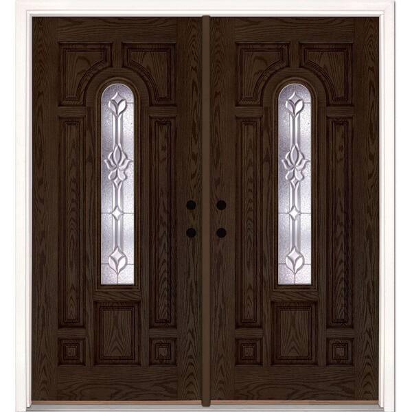 74 in. x 81.625 in. Medina Zinc Center Arch Lite Stained Walnut Oak Right-Hand Fiberglass Double Prehung Front Door