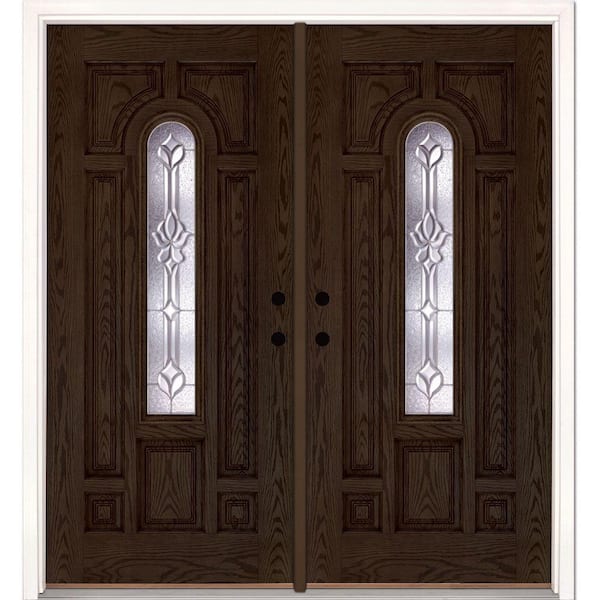 Feather River Doors 74 in. x 81.625 in. Medina Zinc Center Arch Lite Stained Walnut Oak Right-Hand Fiberglass Double Prehung Front Door